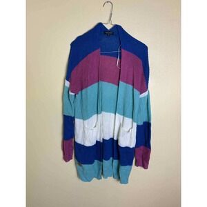 Simply Southern Striped Knit Cardigan Sweater Open Front Pockets Blue Purple Med